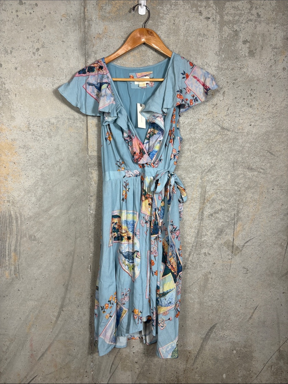 Maeve Anthropologie Rosalia Wrap Dress Ruffled sleeveless bird print - Picture 2 of 11